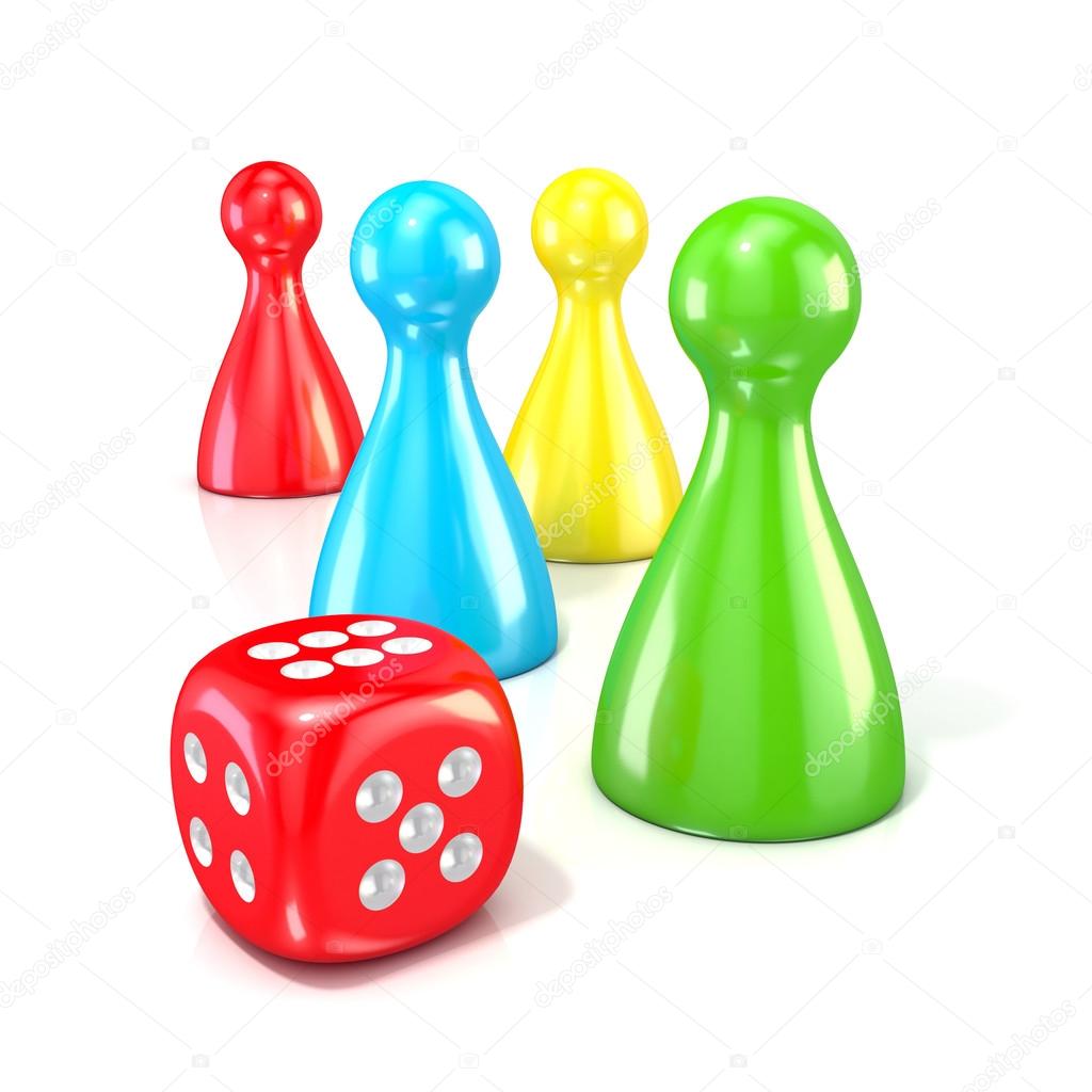 Board game figures with red dice. 3D render