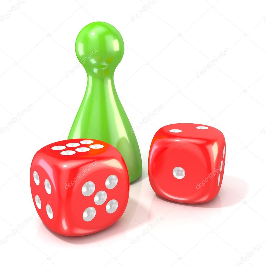 Board game figure with two red dice. 3D render