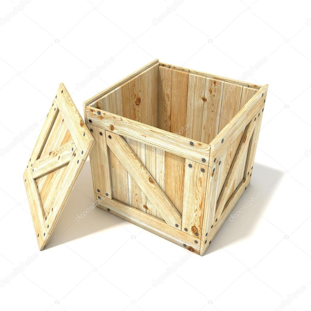Opened wooden crate. Side view. 3D render