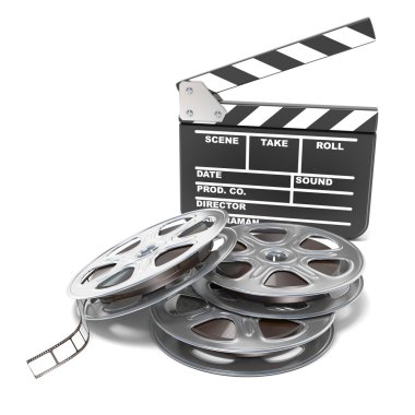 Film makaraları ve film clapper kurulu. Video simgesi. 3D render