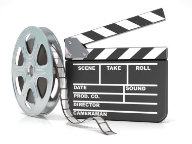 Film makaraları ve film clapper kurulu. Video simgesi. 3D render