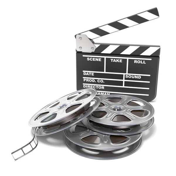 フィルム リールと映画クラッパー ボード。ビデオ アイコン。3 d のレンダリング — ストック写真