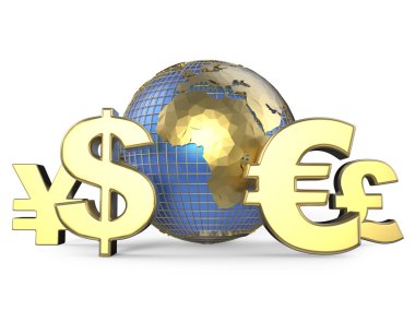 Dünyada altın para birimi simgelerini. 3D render