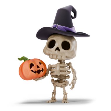 Cute skeleton holding carved pumpkin and wearing witch hat 3D rendering illustration isolated on white background