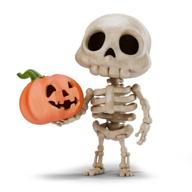 Cute skeleton holding carved pumpkin head 3D rendering illustration isolated on white background