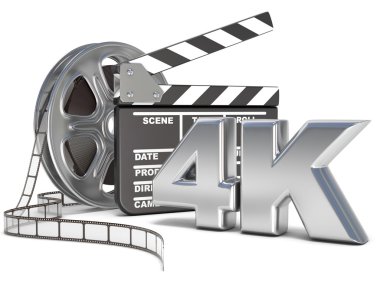 Film makaraları ve film clapper kurulu. 4 k video simgesi. 3D render