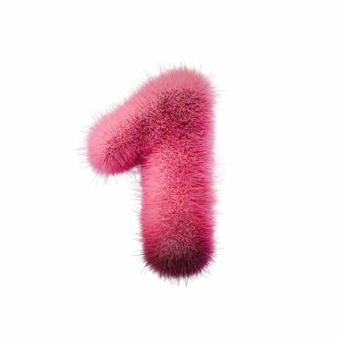 Pembe kürk yazı tipi numara 1 1 3D resimleme beyaz arkaplanda izole edildi