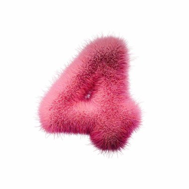 4 numaralı pembe kürk yazı tipi 3 boyutlu resimleme beyaz arkaplanda izole edildi