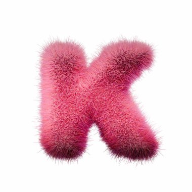 Pembe kürk yazı tipi K 3D resim çizimi beyaz arkaplanda izole edildi