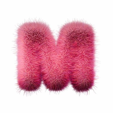 Pink fur Font Letter M 3D rendering illustration isolated on white background