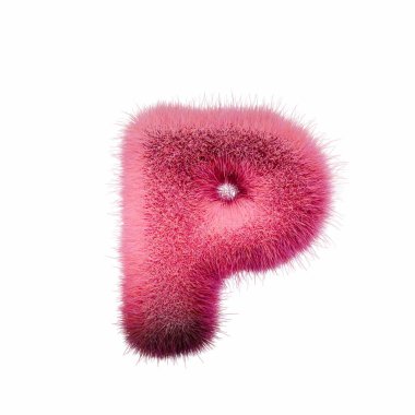 Pink fur Font Letter P 3D rendering illustration isolated on white background