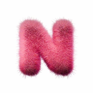 Pink fur Font Letter N 3D rendering illustration isolated on white background