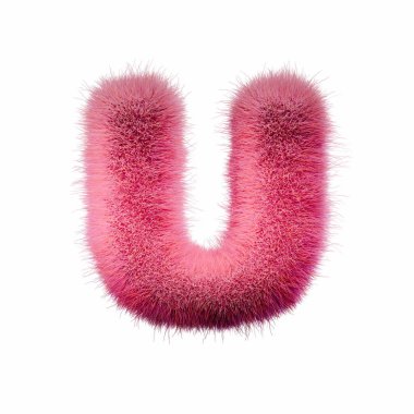 Pink fur Font Letter U 3D rendering illustration isolated on white background