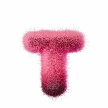 Beyaz arkaplanda pembe kürk yazı tipi T 3D görüntüleme