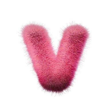 Pembe kürk Yazı Tipi Harfi V 3D resimleme beyaz arkaplanda izole edildi