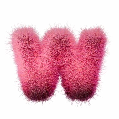 Pembe kürk Yazı Tipi Harfi W 3D resimleme beyaz arkaplanda izole edildi