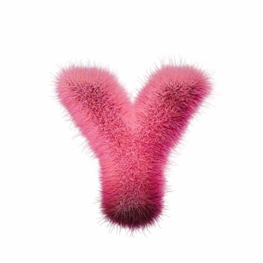 Pembe kürk yazı tipi harfi Y 3D resimleme beyaz arkaplanda izole edildi