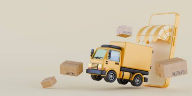 Transportation delivery by truck with cardboard boxes 3D rendering illustration on beige background