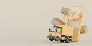 Kamyon akıllı telefon siparişleriyle ulaşım teslimatı. Karton kutularla birlikte. Bej arka planda resimlendirme.