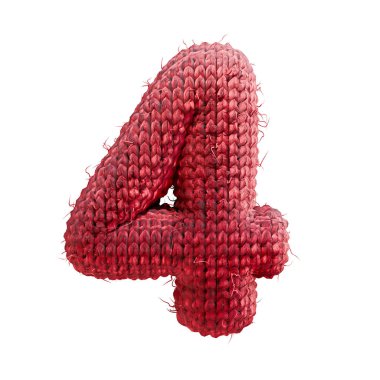 Kırmızı yün örgü yazı tipi numara 4 4 4 3D resimleme beyaz arkaplanda izole