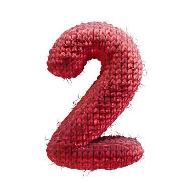 Kırmızı yün örgü yazı tipi 2 numara 2 numara 3 boyutlu resimleme beyaz arkaplanda izole edildi