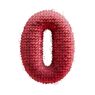 Kırmızı yün örgü yazı tipi 0 ZERO 3D görüntüleme beyaz arkaplanda izole