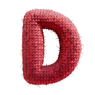 Kırmızı yün örülmüş yazı tipi D 3D harfi resimleme beyaz arkaplanda izole edildi