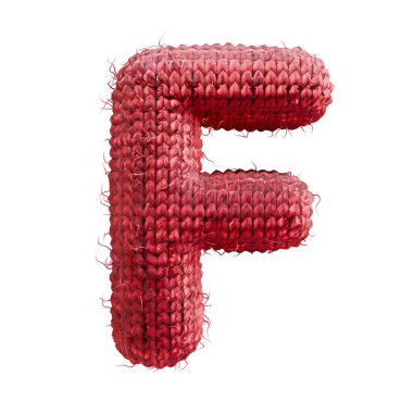 Kırmızı yün örülmüş yazı tipi F 3D harfi resimleme beyaz arkaplanda izole edildi