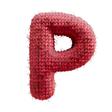 Kırmızı yün örülmüş yazı tipi Harfi P 3D resimleme beyaz arkaplanda izole edildi