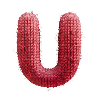 Kırmızı yün örgü yazı tipi U 3D resim çizimi beyaz arkaplanda izole edildi