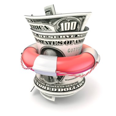 Kırmızı lifebuoy para tasarrufu, rulo dolar. 3D render