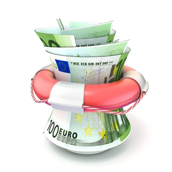 Šetří peníze, eura roll červený záchranný kruh. 3D vykreslování — Stock fotografie