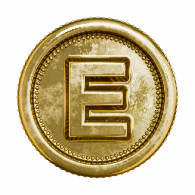Altın Çağlı Para Harfi E 3D resimleme beyaz arkaplanda izole edildi