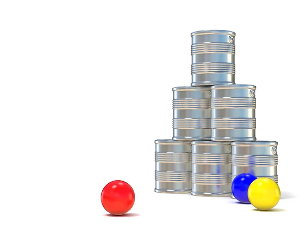 Tin cans and three balls. 3D render — Stock Photo, Image