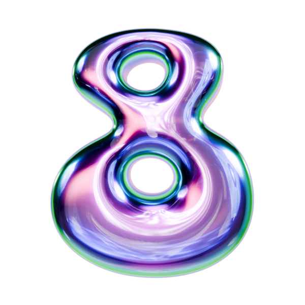 Sıvı metal yazı tipi numara 8 EIight 3D resimleme siyah arkaplan üzerinde izole