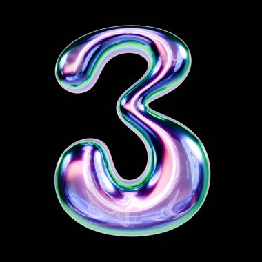 Sıvı metal yazı tipi 3 numara 3 boyutlu resimleme siyah arkaplanda izole edildi