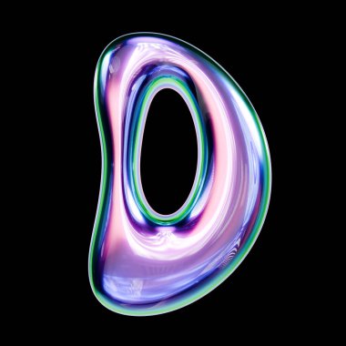 Sıvı metal yazı tipi harf D 3D resimleme siyah arkaplan üzerinde izole