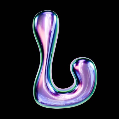 Sıvı metal yazı tipi harf L 3D resimleme siyah arkaplan üzerinde izole