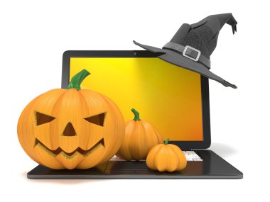 Laptop ile komik Jack O Lantern ve Halloween cadı şapka. 3D render