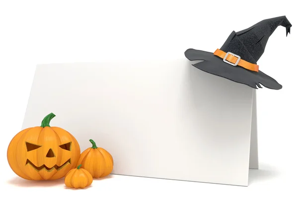 Tarjeta en blanco de Halloween, con sombrero de bruja y calabazas Jack O Lantern. Renderizado 3D —  Fotos de Stock