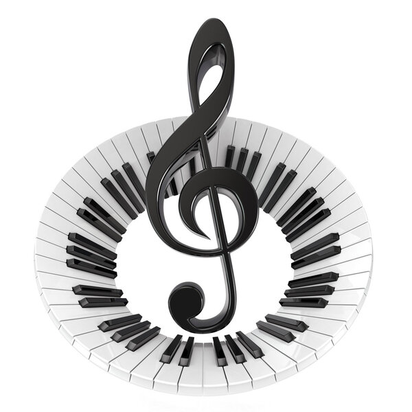 Treble clef in abstract piano keyboard. Symbol of music. 3D render