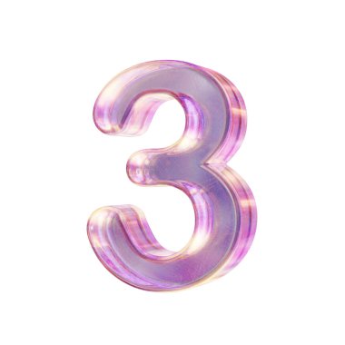 Purple pink iridescent glass font Number 3 THREE 3D rendering illustration isolated on white background