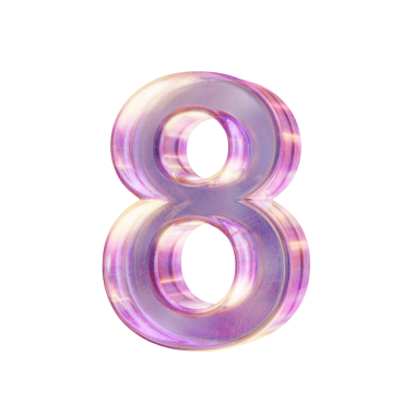 Mor pembe yanardöner cam yazı tipi 8 numara 3 boyutlu resim beyaz arkaplanda izole edilmiş.