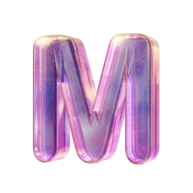 Mor pembe yanardöner cam yazı tipi M 3D harfi resimleme beyaz arkaplanda izole edildi