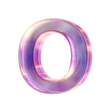 Mor pembe yanardöner cam yazı tipi. O 3D harfi. Resim beyaz arkaplanda izole edilmiş.