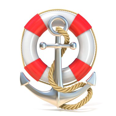 Çapa, lifebuoy ve ip. 3D render