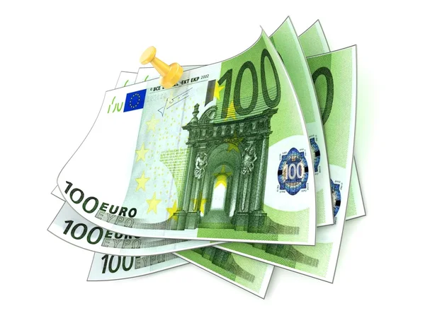 Pinned one hundred euros bills on white background. 3D render — Stock Photo, Image