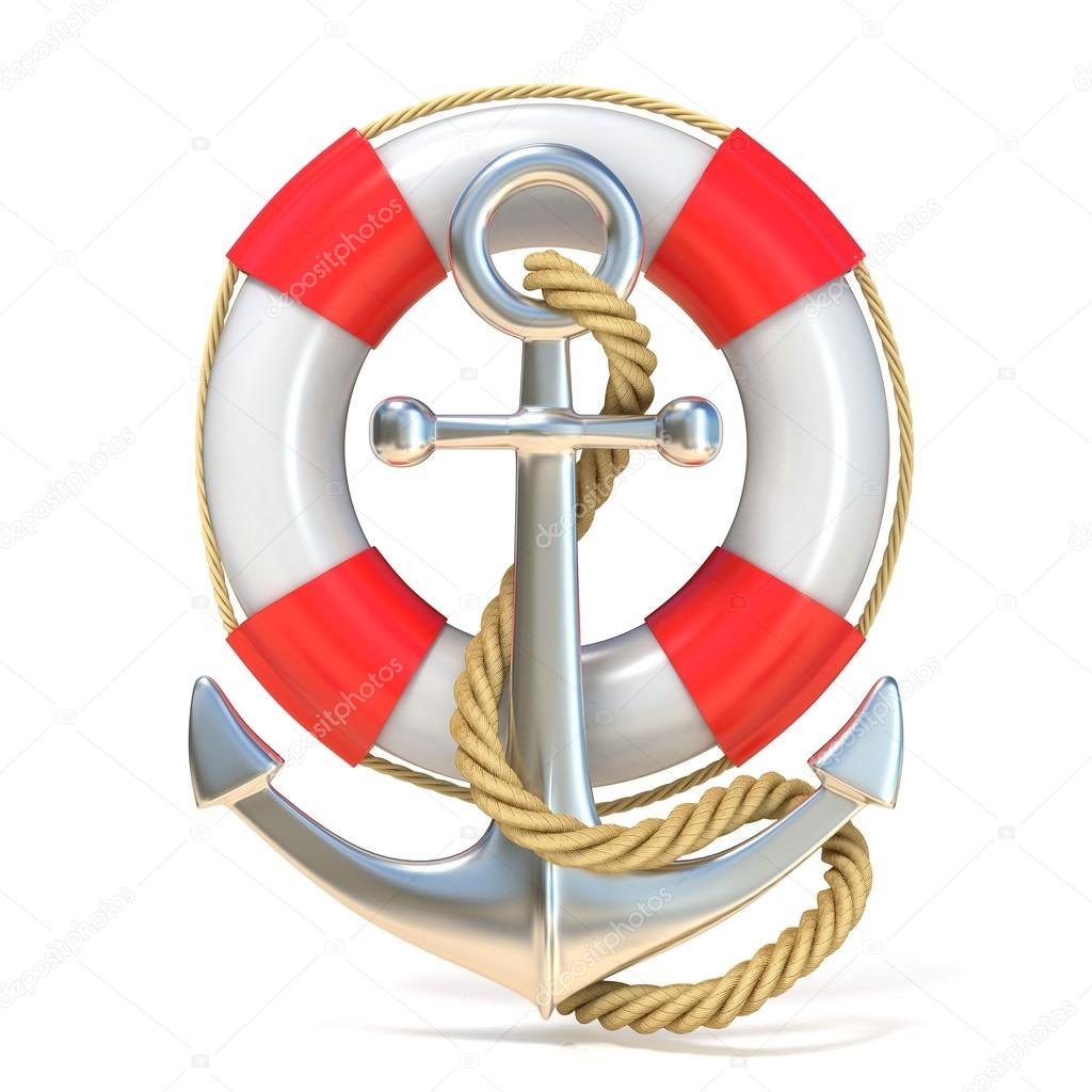 Anchor, lifebuoy and rope. 3D render