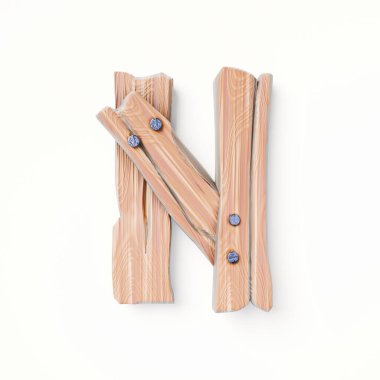 Tahta tahtalar Yazı Tipi Harfi N 3D resimleme beyaz arkaplanda izole edildi