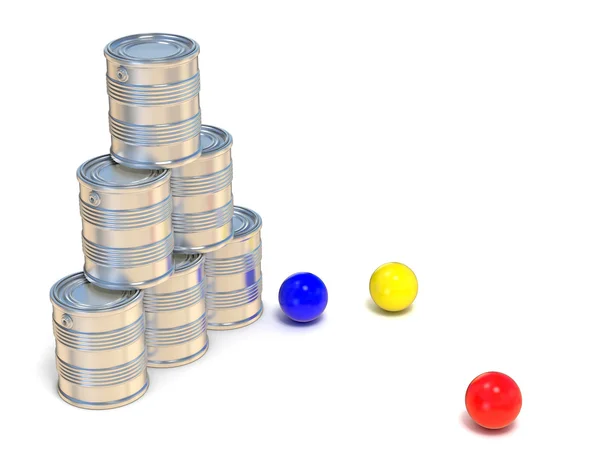 Latas de lata e três bolas. Vista lateral. 3D — Fotografia de Stock